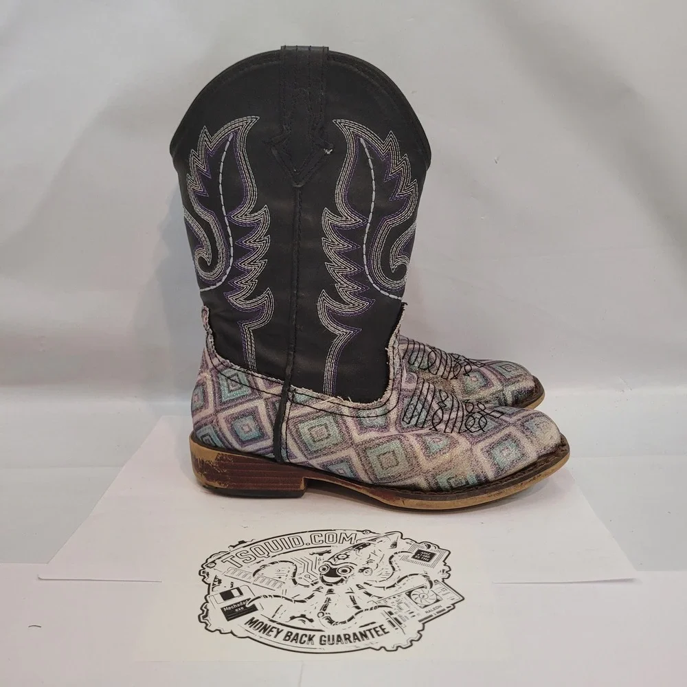 Roper Cowboy Boots Little Kids Size 1 Black Purple Glitter Geometric Square Toe